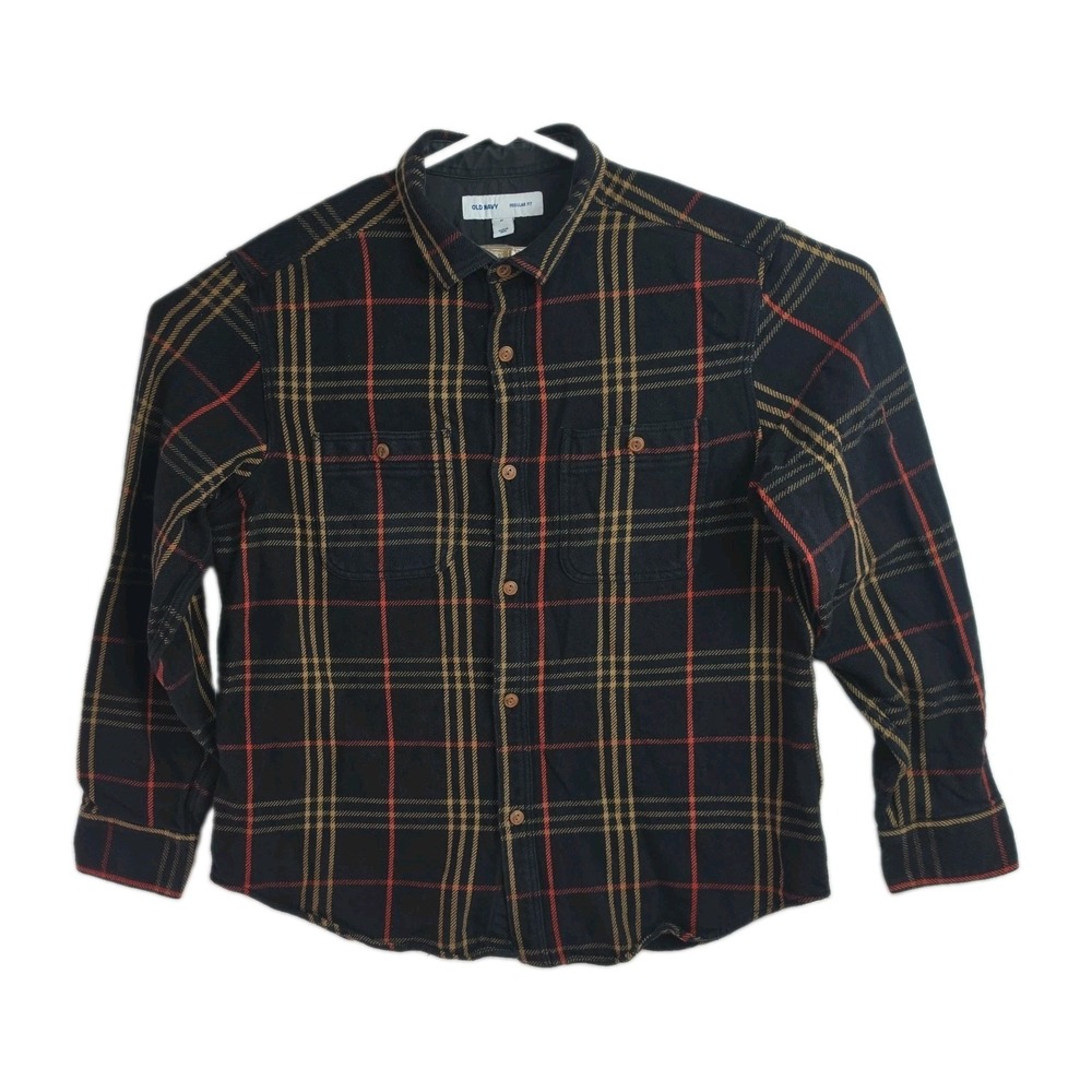 Old Navy Button-Up Shacket Men's XL Black/Tan/Red Plaid Long Sleeves Collared